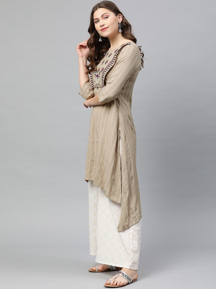 Neerus Beige Striped High Low Kurta