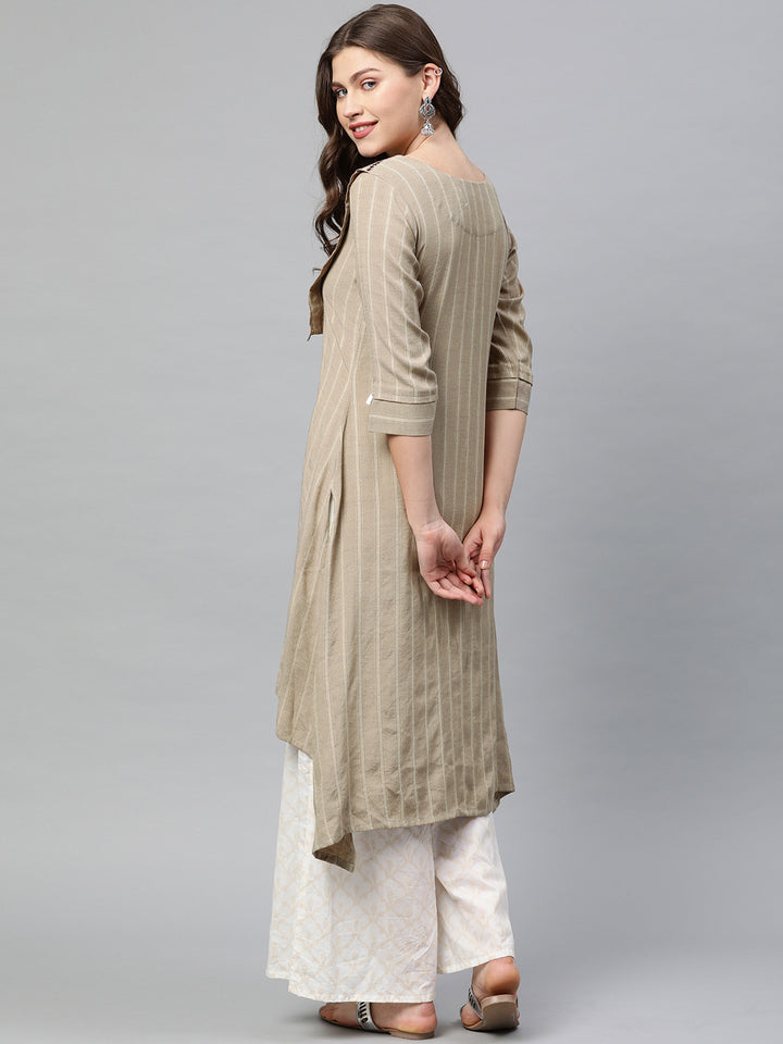 Neerus Beige Striped High Low Kurta