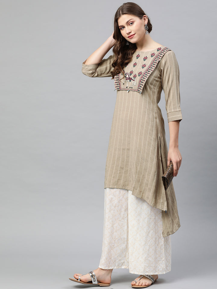 Neerus Beige Striped High Low Kurta