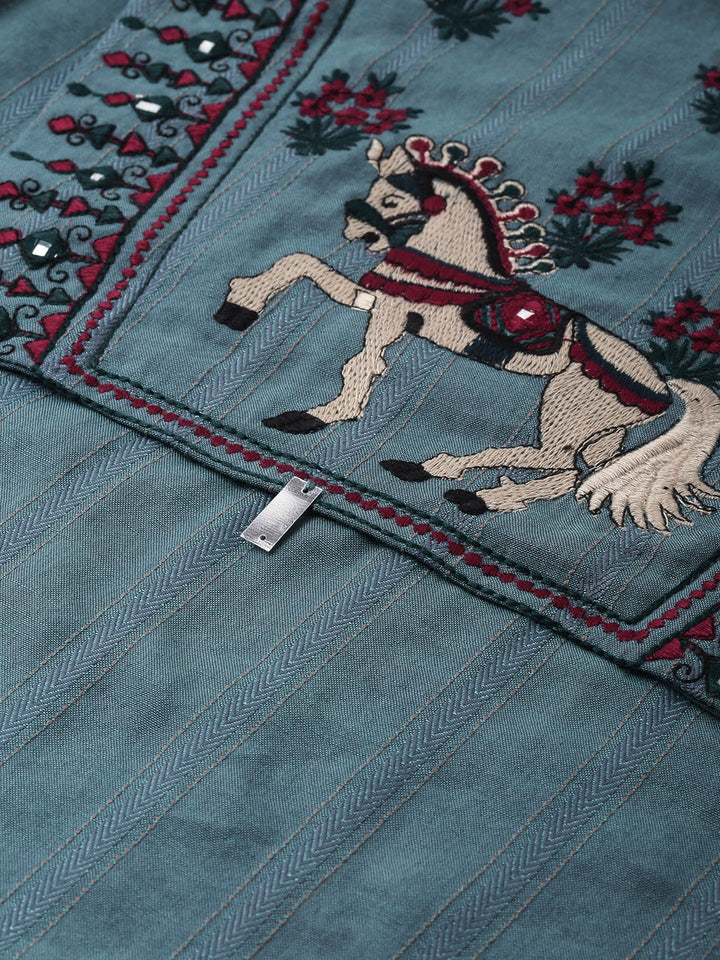 Neerus Green viscose rayon embroidered A-line kurta - back view