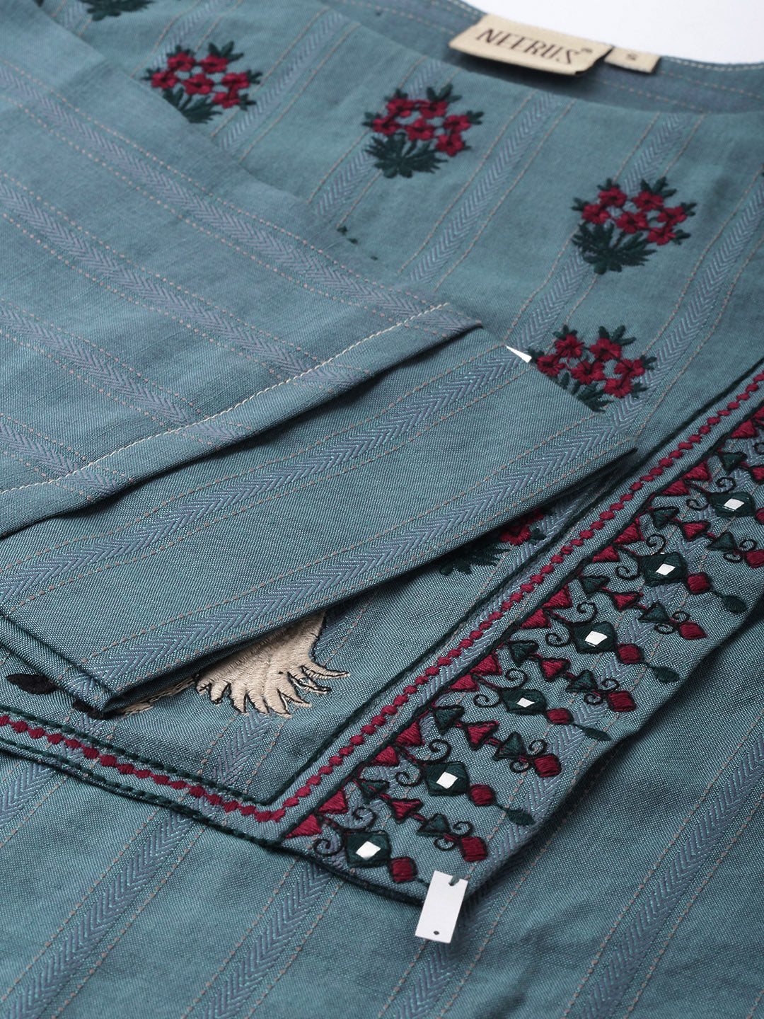 Neerus Green viscose rayon embroidered A-line kurta - side view