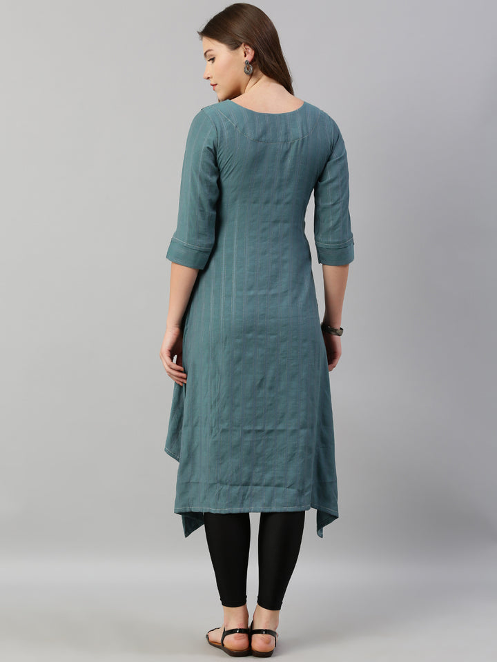 Neerus Green viscose rayon embroidered A-line kurta - detail view 2
