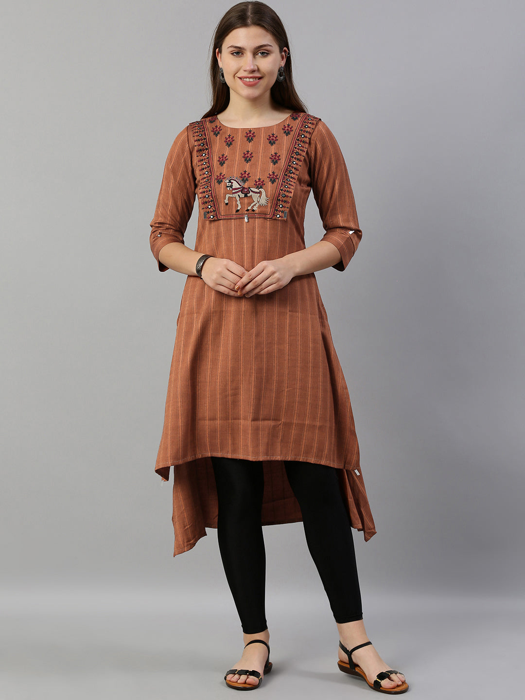 Neeru's Women Rust Brown Striped Straight Kurta With Embroidered Yoke