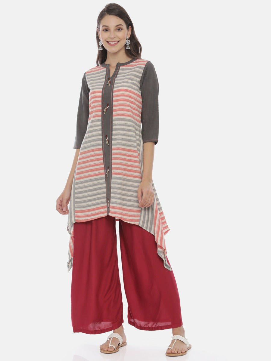 Neerus Grey cotton printed high-low kurta - front view
