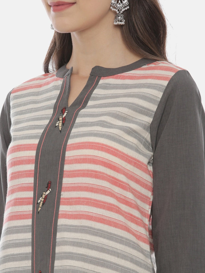 Neerus Grey cotton printed high-low kurta - back view