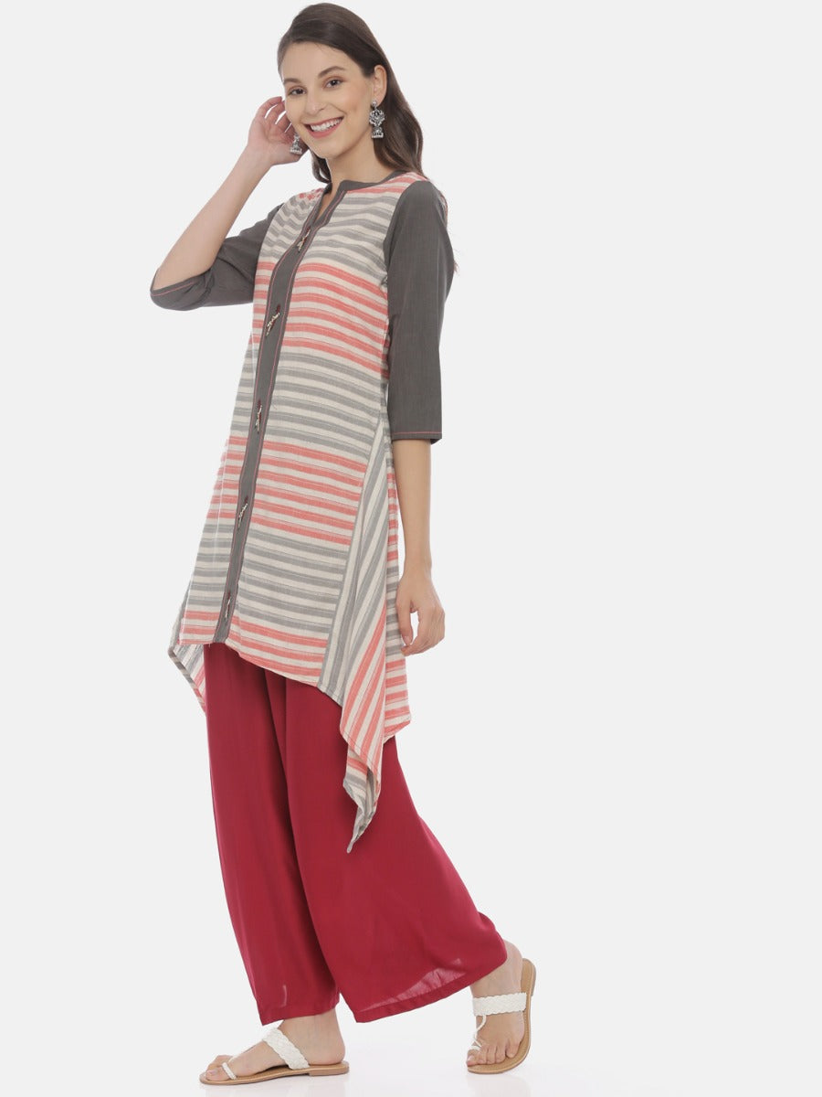Neerus Grey cotton printed high-low kurta - side view
