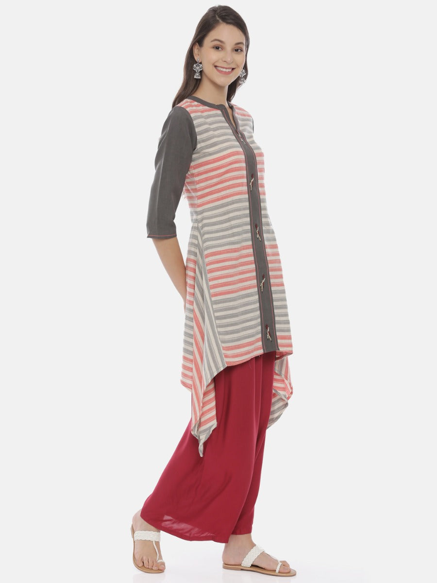 Neerus Grey cotton printed high-low kurta - detail view 1