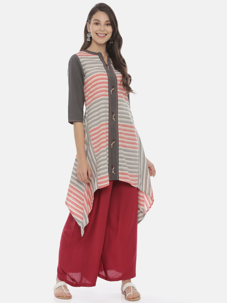 Neerus Grey cotton printed high-low kurta - detail view 3