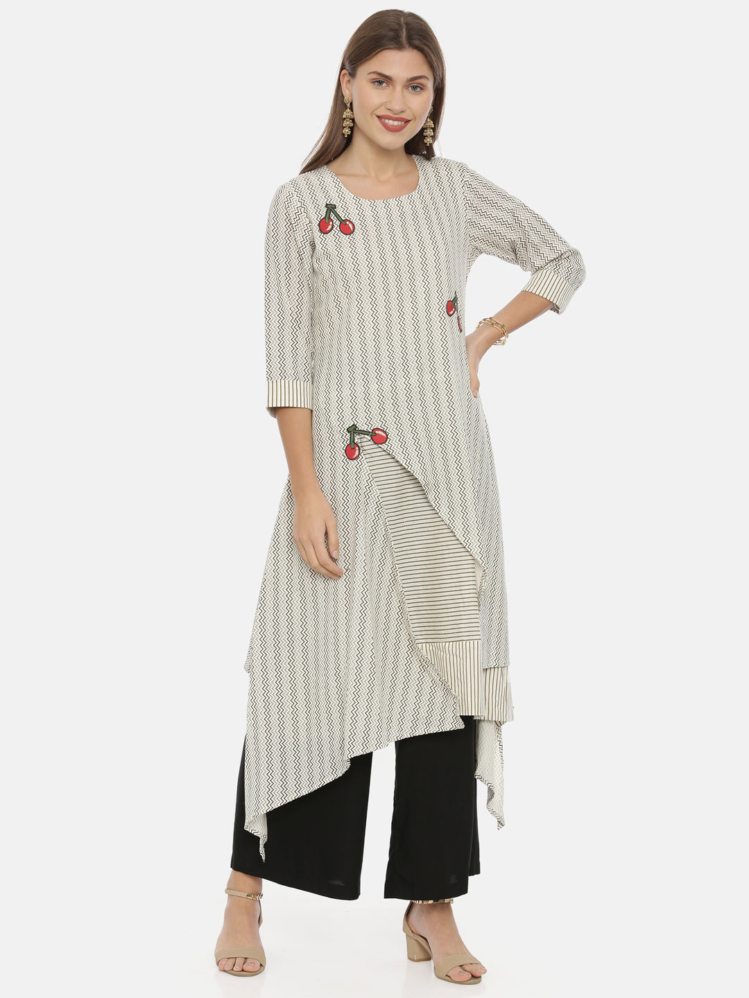 Neerus Ivory Printed High Low Kurta