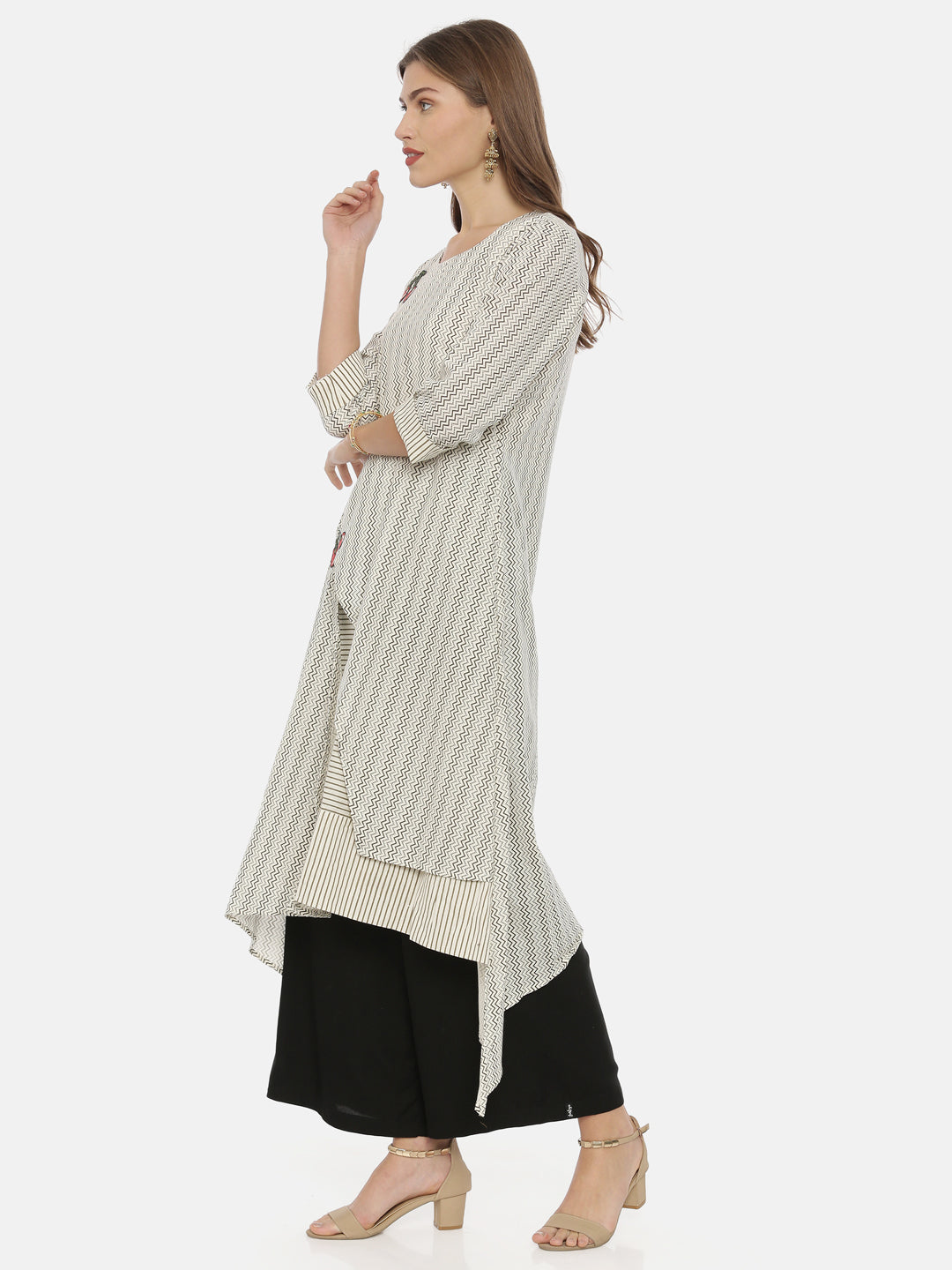 Neerus Ivory Printed High Low Kurta