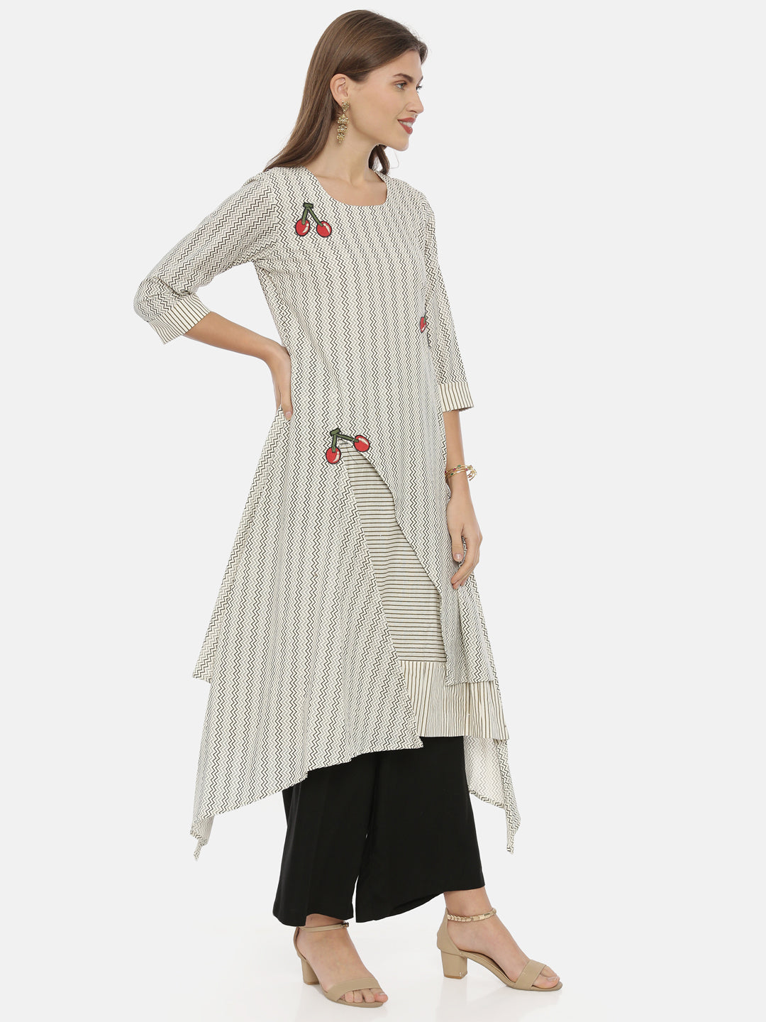 Neerus Ivory Printed High Low Kurta
