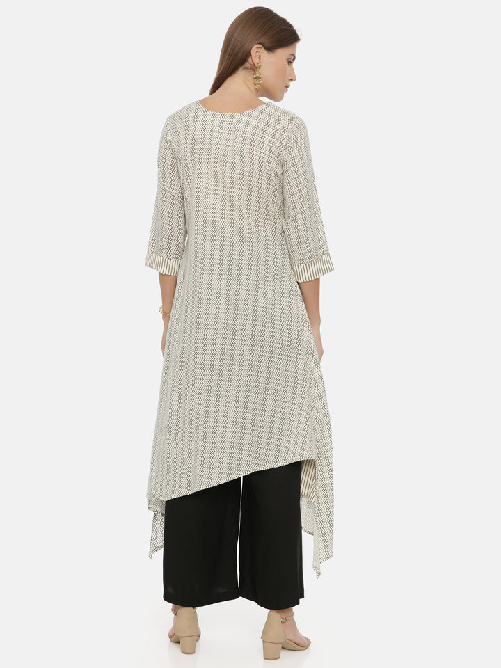 Neerus Ivory Printed High Low Kurta