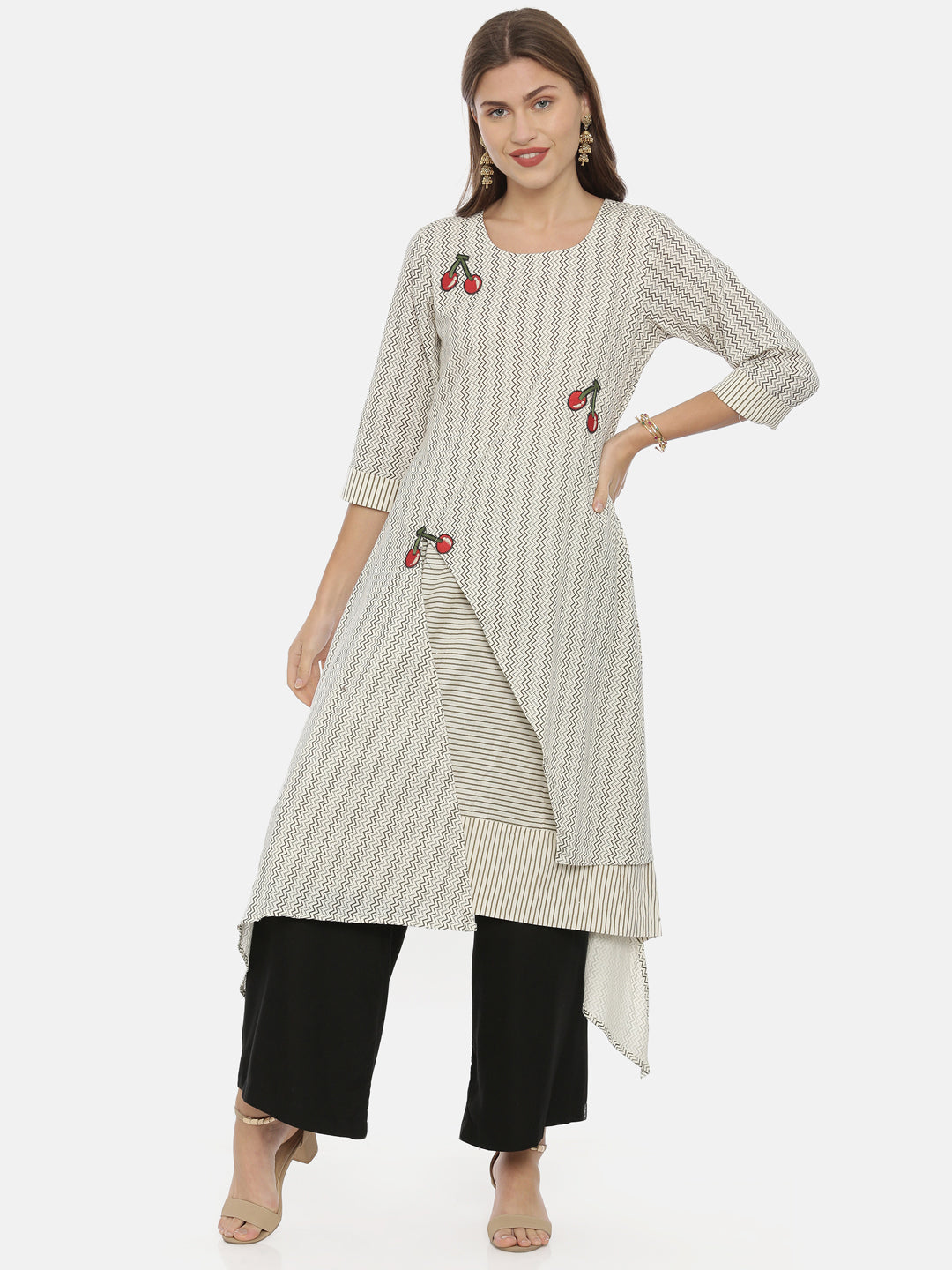 Neerus Ivory Printed High Low Kurta