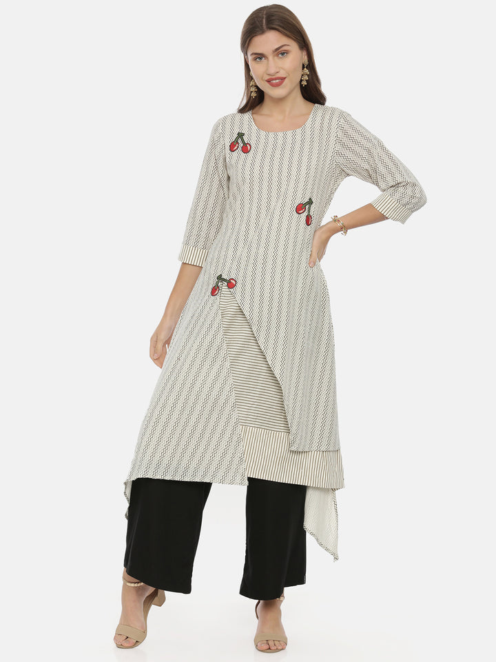 Neerus Ivory Printed High Low Kurta