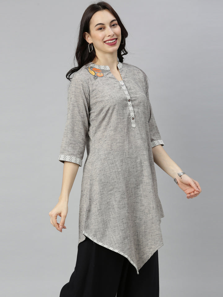 Neerus Grey Embroidered High Low Kurta