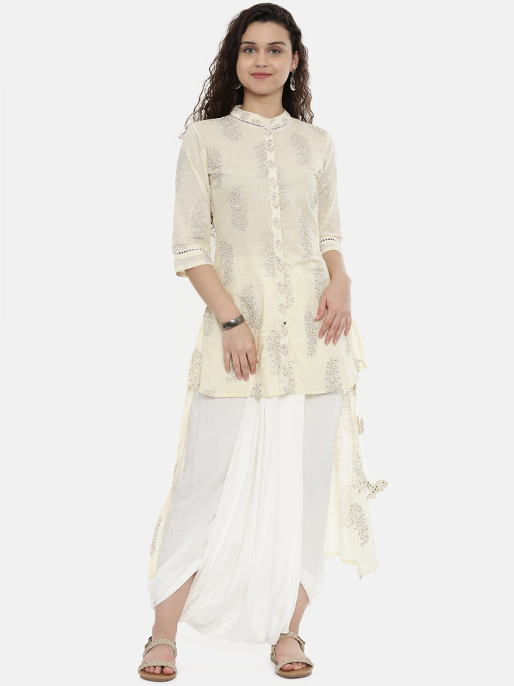 Neerus Cream Printed High Low Kurti