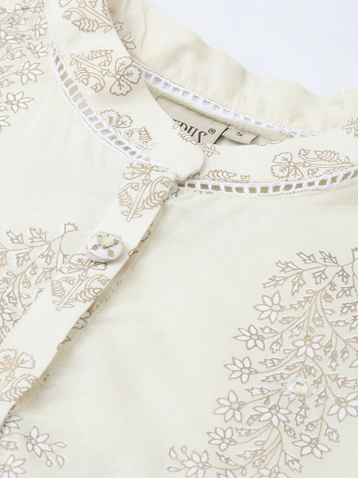 Neerus Cream Printed High Low Kurti