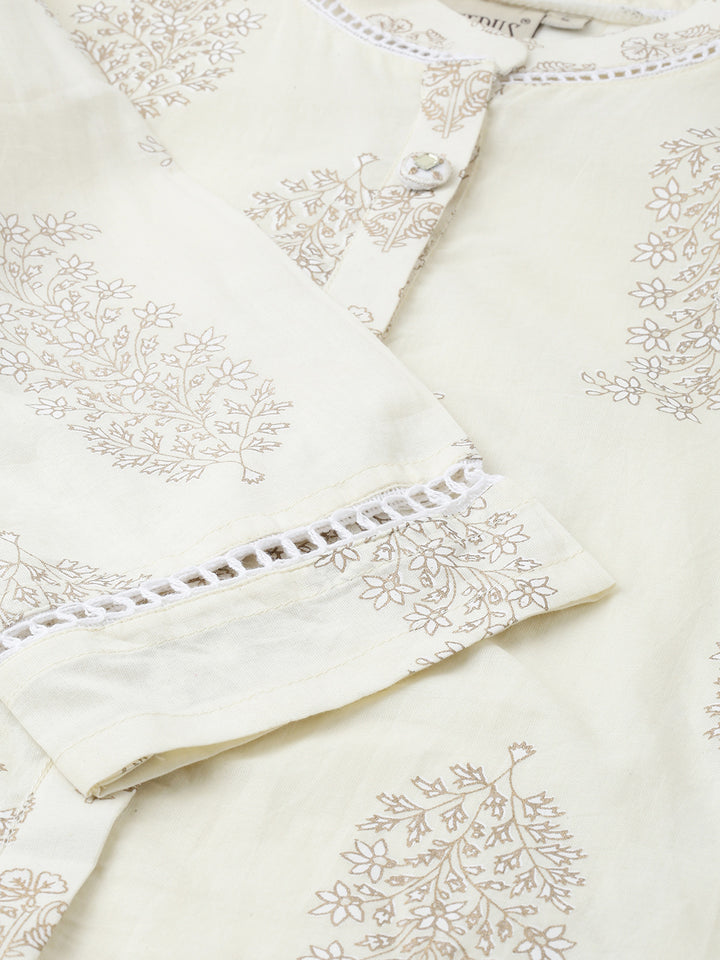 Neerus Cream Printed High Low Kurti