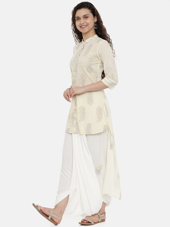 Neerus Cream Printed High Low Kurti
