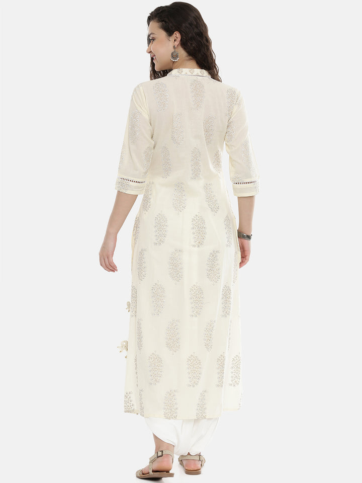 Neerus Cream Printed High Low Kurti