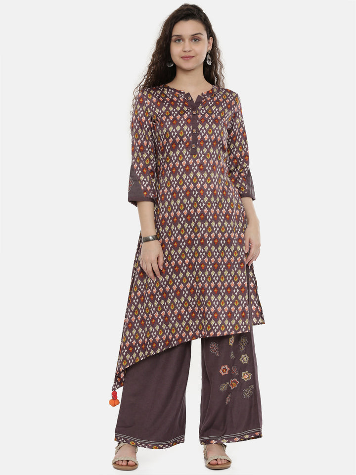 Neerus Purple rayon printed high-low kurta - front view
