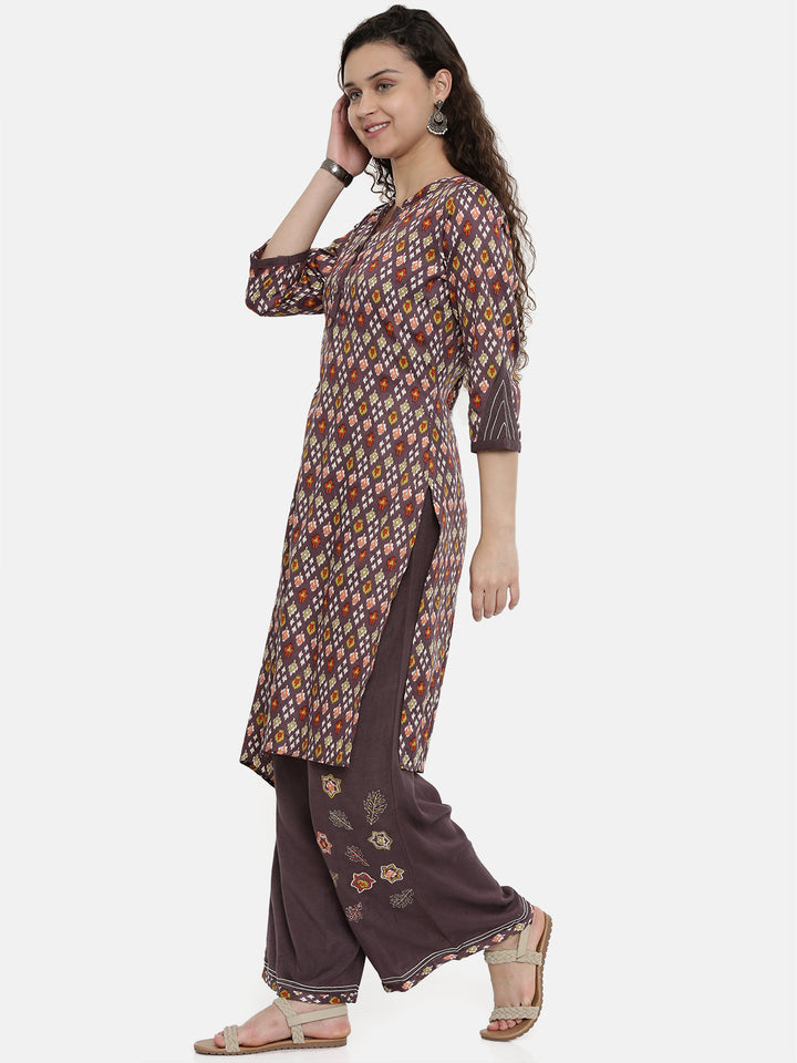 Neerus Purple rayon printed high-low kurta - detail view 1