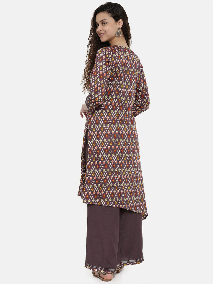 Neerus Purple rayon printed high-low kurta - detail view 2