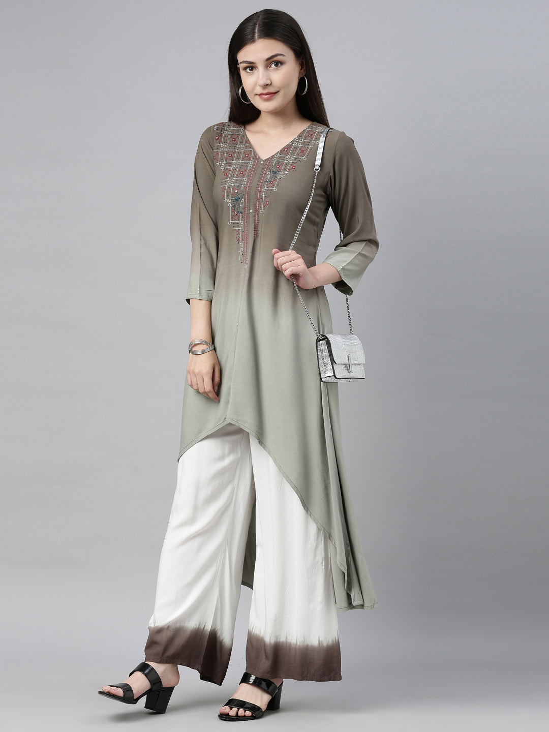 Neerus Green embroidered kurta set with palazzo - front view
