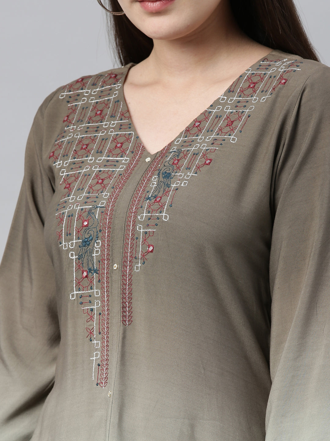 Neerus Green embroidered kurta set with palazzo - side view