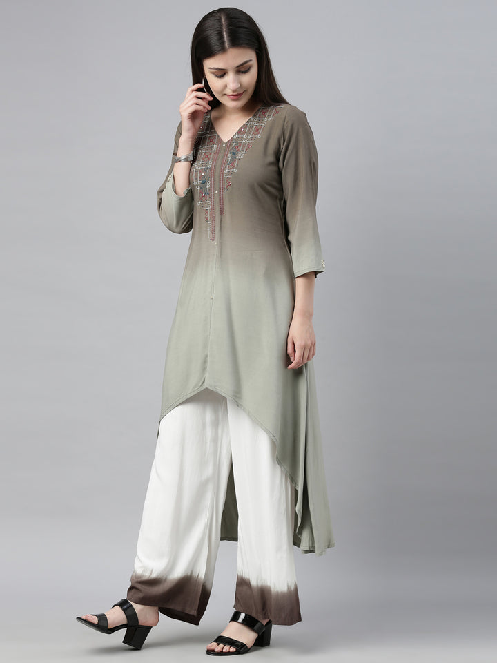 Neerus Green embroidered kurta set with palazzo - detail view 2