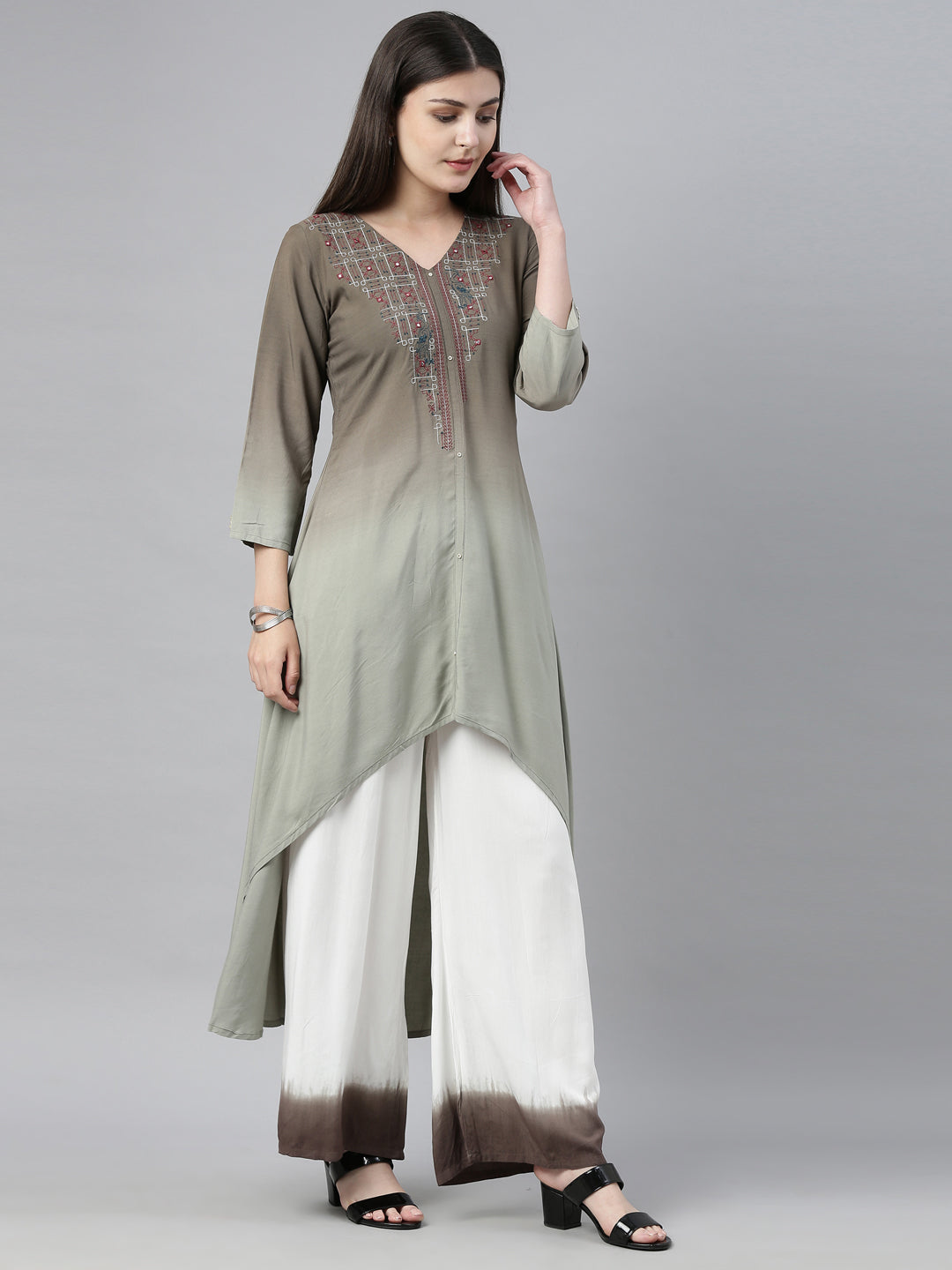 Neerus Green embroidered kurta set with palazzo - detail view 3