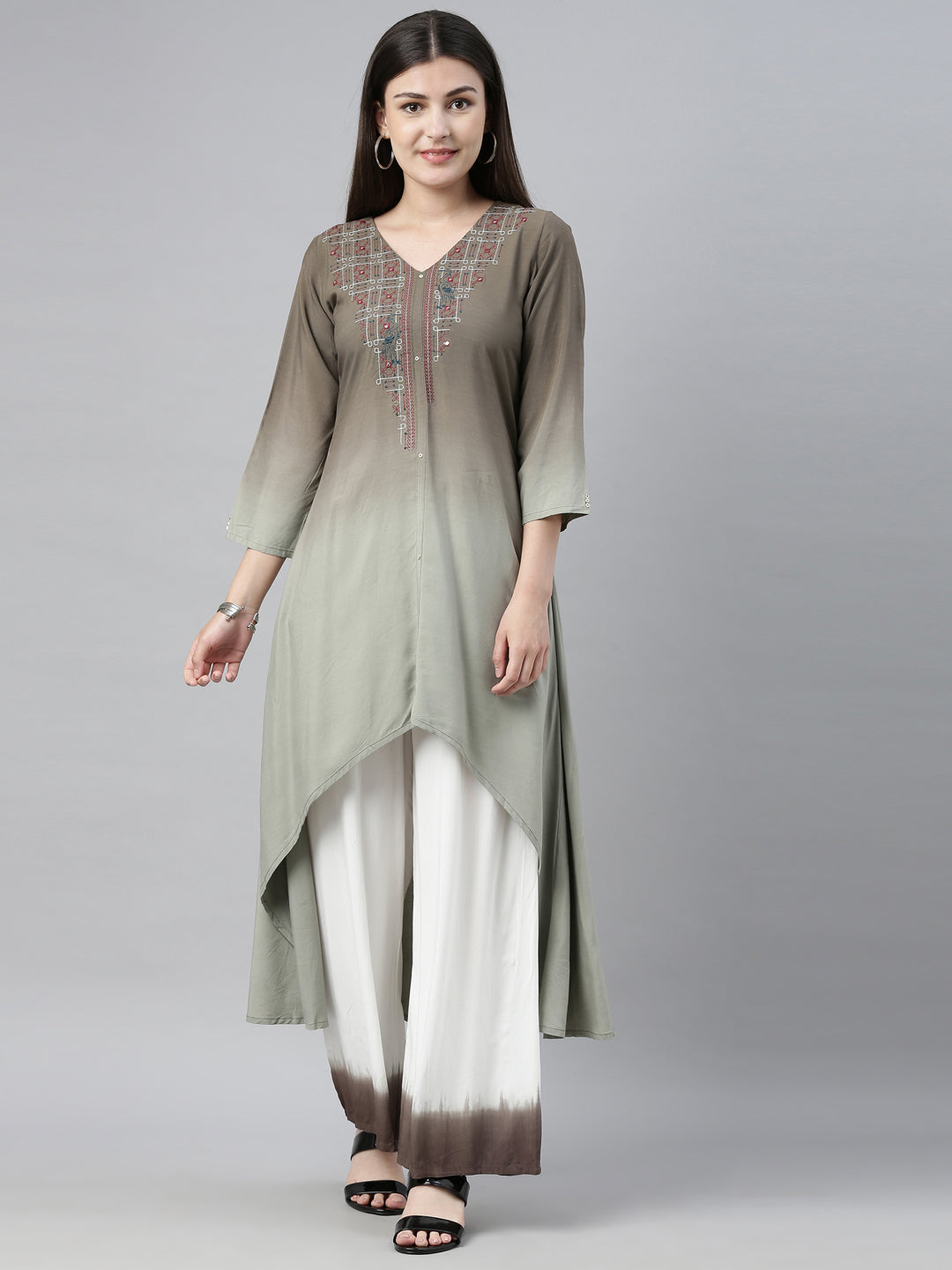 Neerus Green embroidered kurta set with palazzo - detail view 5