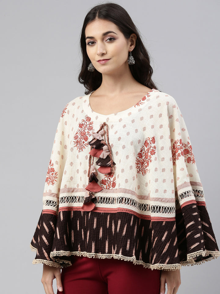 Neerus Beige Color Cotton Fabric Tunic