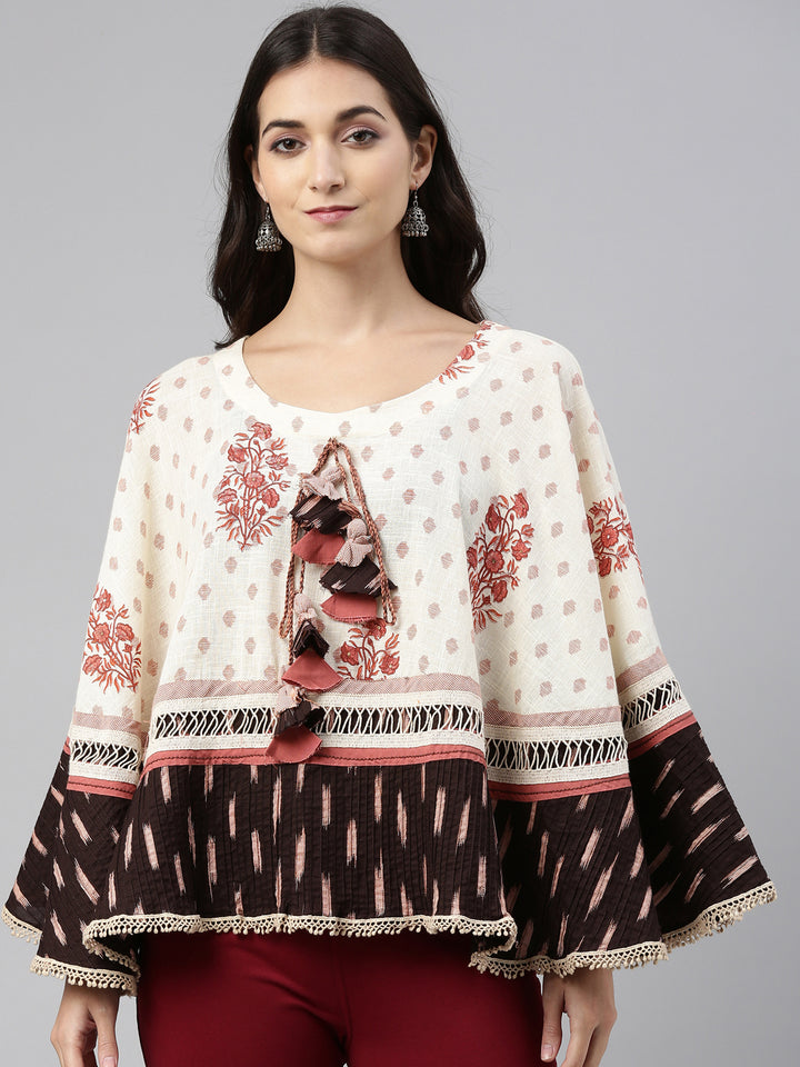 Neerus Beige Color Cotton Fabric Tunic