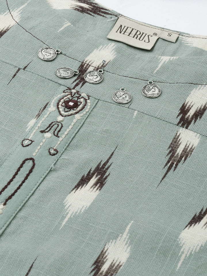 Neerus Green Printed A Line Kurta