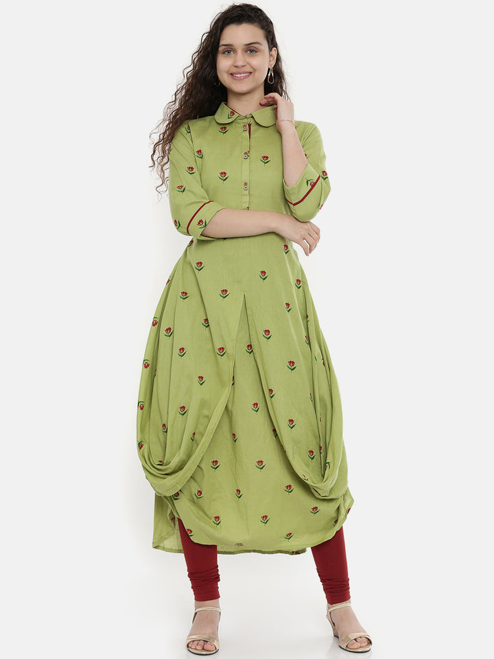 Neerus Green cotton printed A-Line kurta - front view