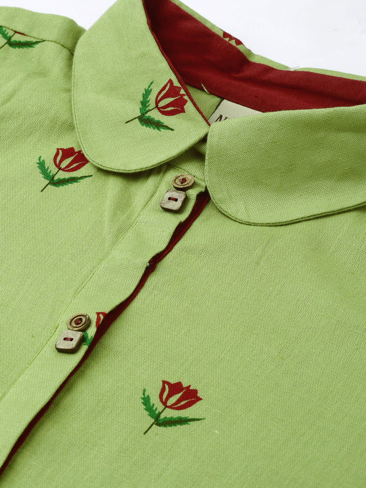 Neerus Green cotton printed A-Line kurta - back view