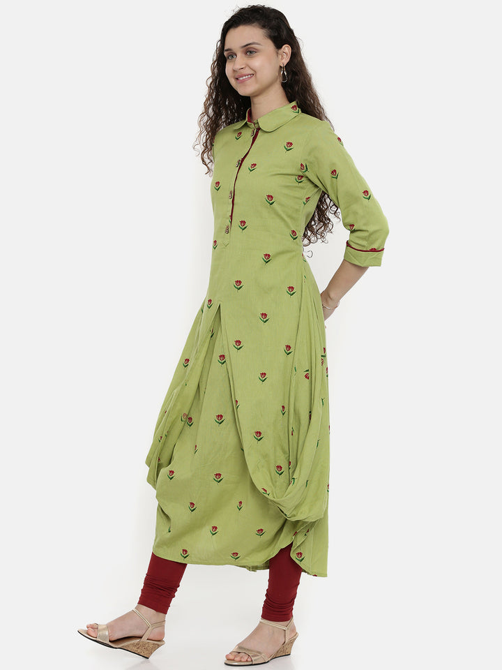 Neerus Green cotton printed A-Line kurta - side view