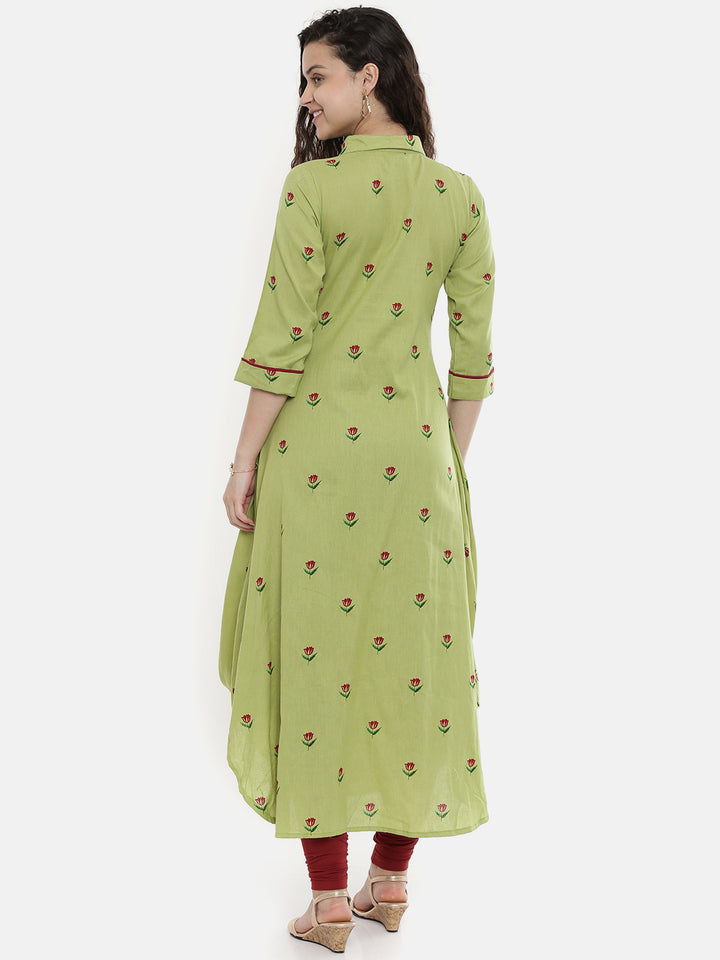 Neerus Green cotton printed A-Line kurta - detail view 1