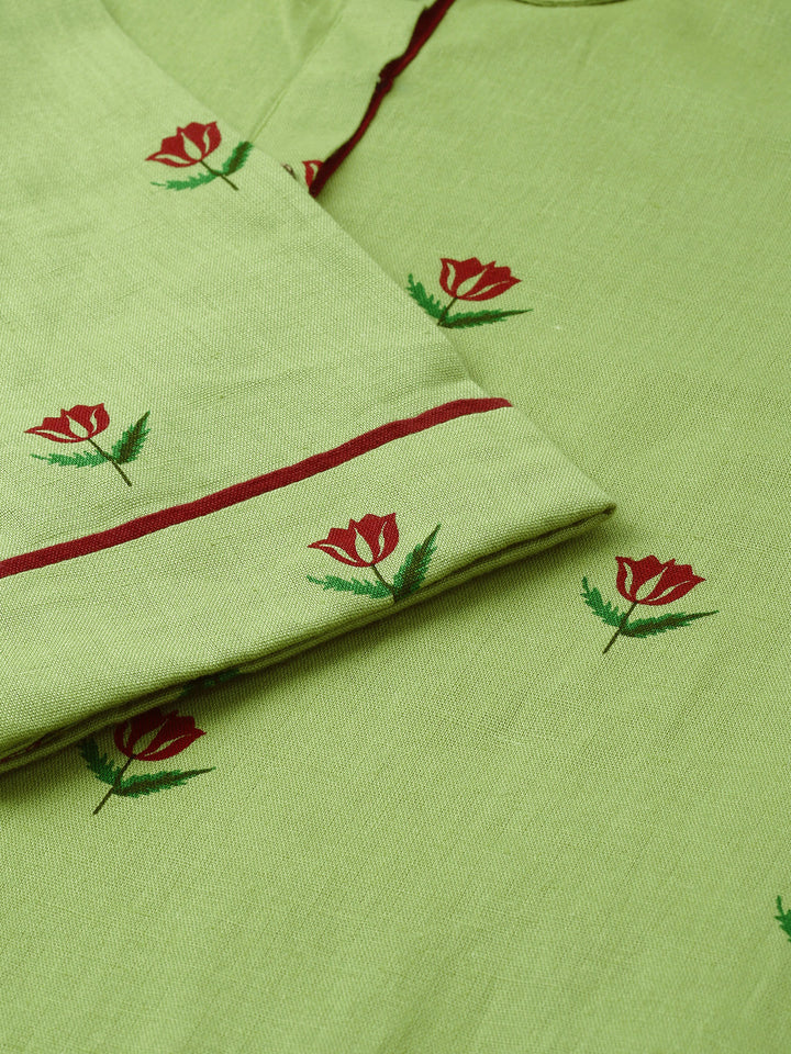 Neerus Green cotton printed A-Line kurta - detail view 2