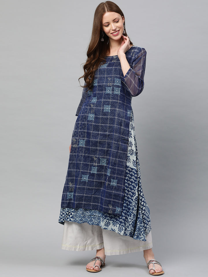 Neerus Women Blue Printed A-Line Layered Kurta