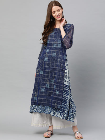 Neeru's Women Blue Printed A-Line Layered Kurta