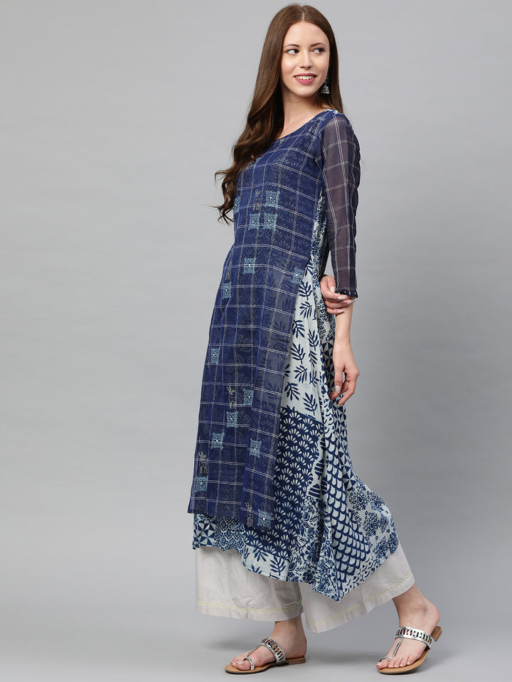 Neerus Women Blue Printed A-Line Layered Kurta