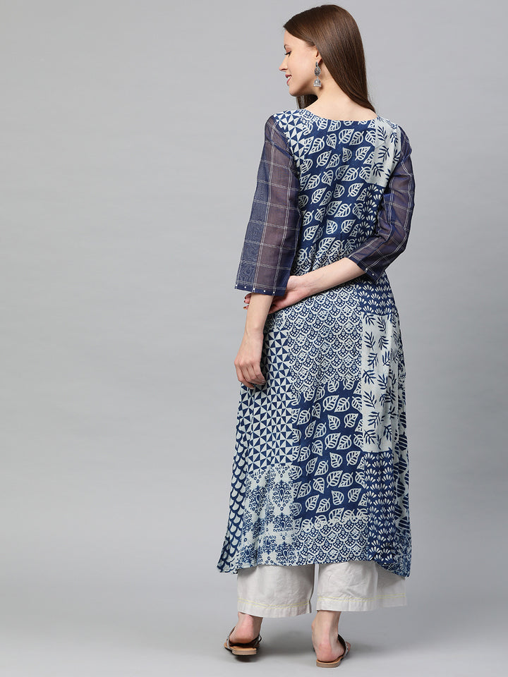 Neerus Women Blue Printed A-Line Layered Kurta