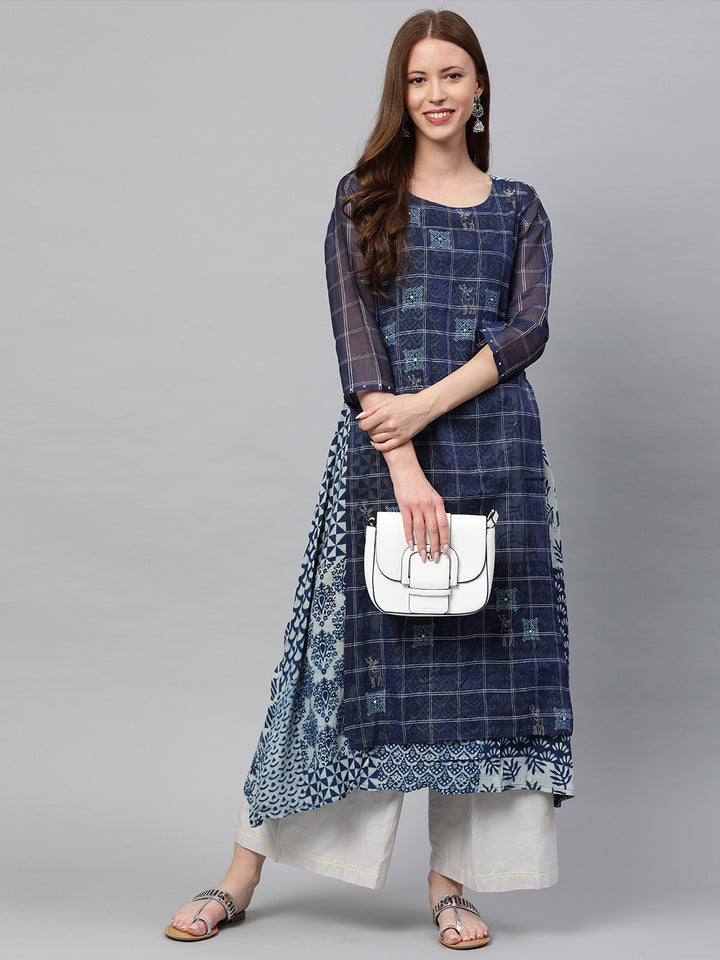 Neerus Women Blue Printed A-Line Layered Kurta