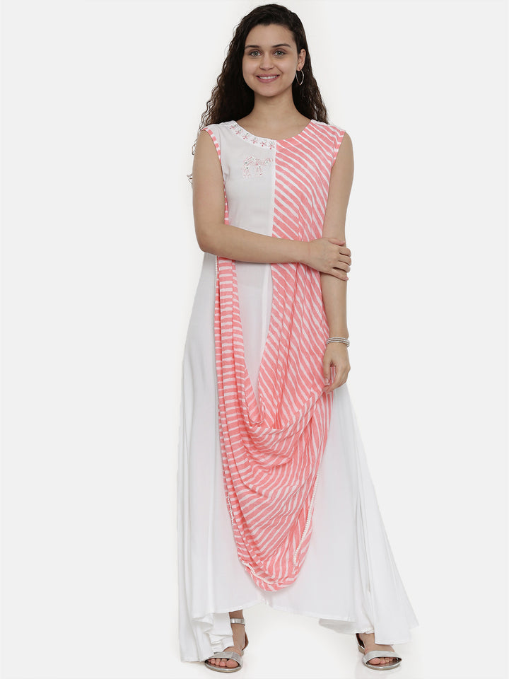 Neerus White Embroidered High Low Kurta