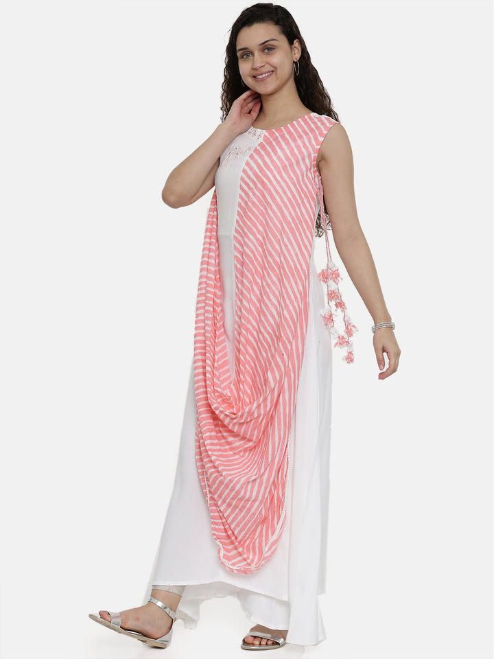 Neerus White Embroidered High Low Kurta