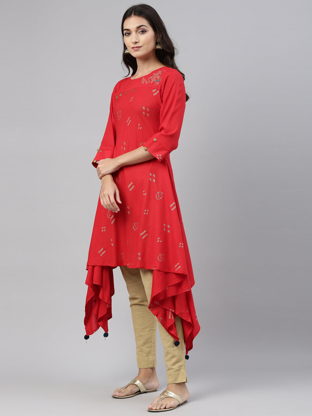 Neerus Red rayon solid kurti - side view