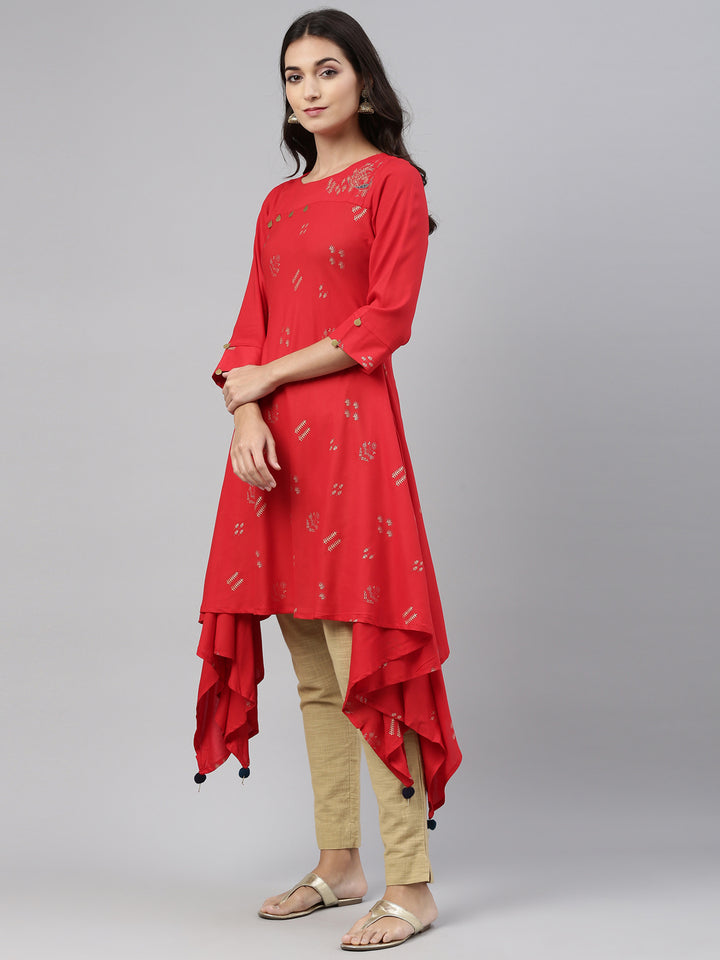 Neerus Red rayon solid kurti - side view