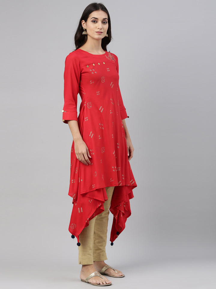Neerus Red rayon solid kurti - detail view 1